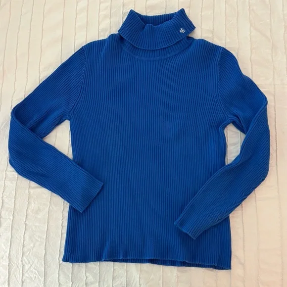 Lauren Ralph Lauren Women's Blue Ribbed Turtleneck Sweater Size SP - Picture 2 of 6